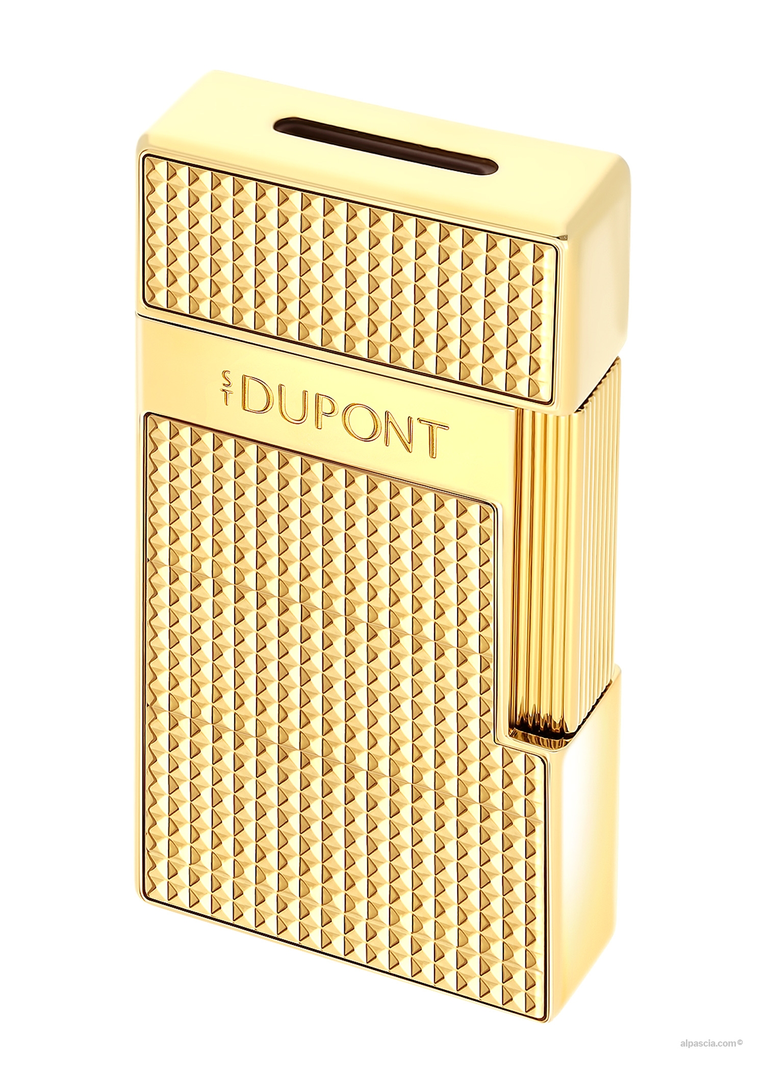 S.T. Dupont Biggy Diamond Head Gold Lighter - Side view highlighting the bold proportions and yellow gold finish