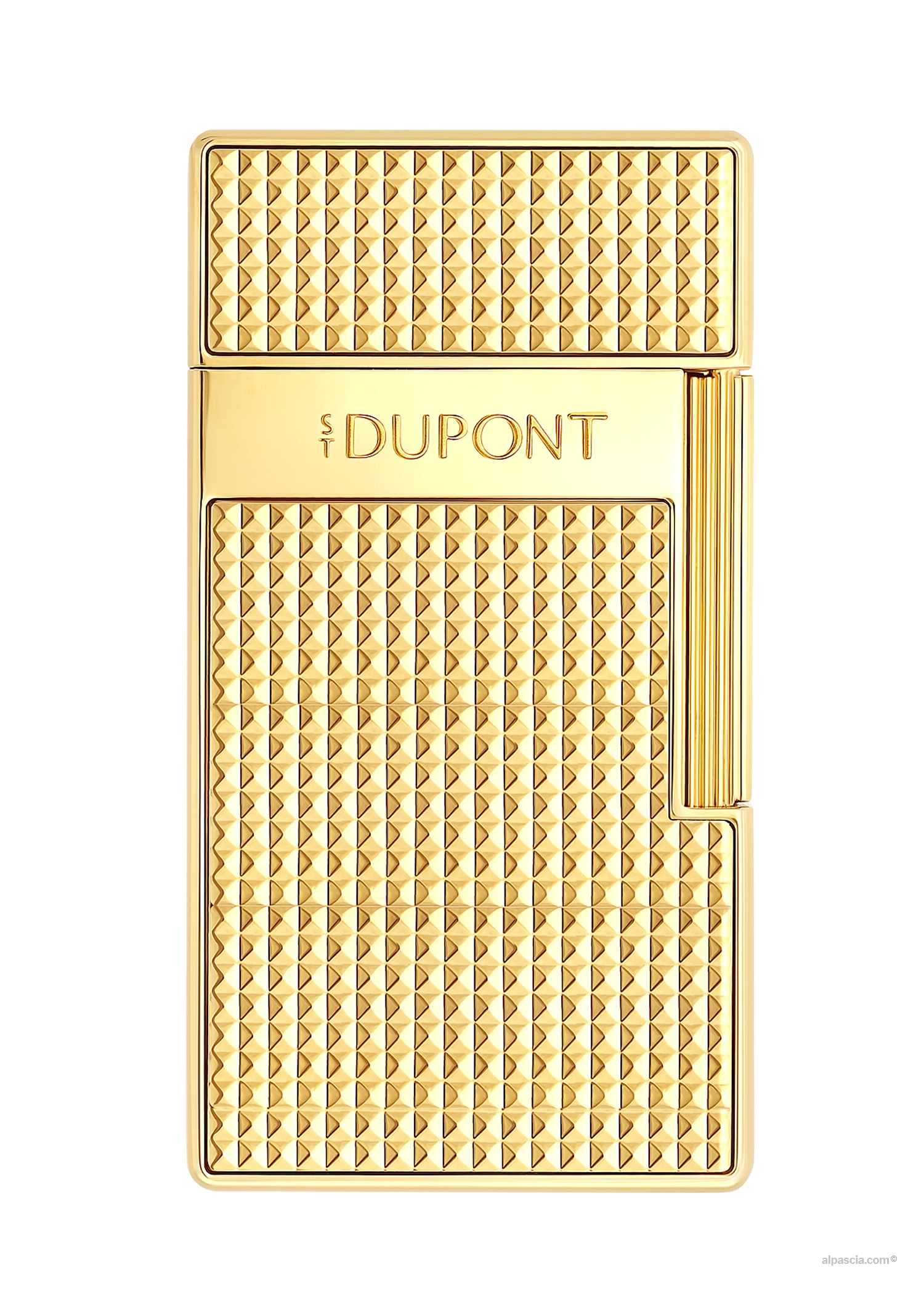 S.T. Dupont Biggy Diamond Head Gold Lighter - Front view showcasing intricate gold diamond head guilloché pattern