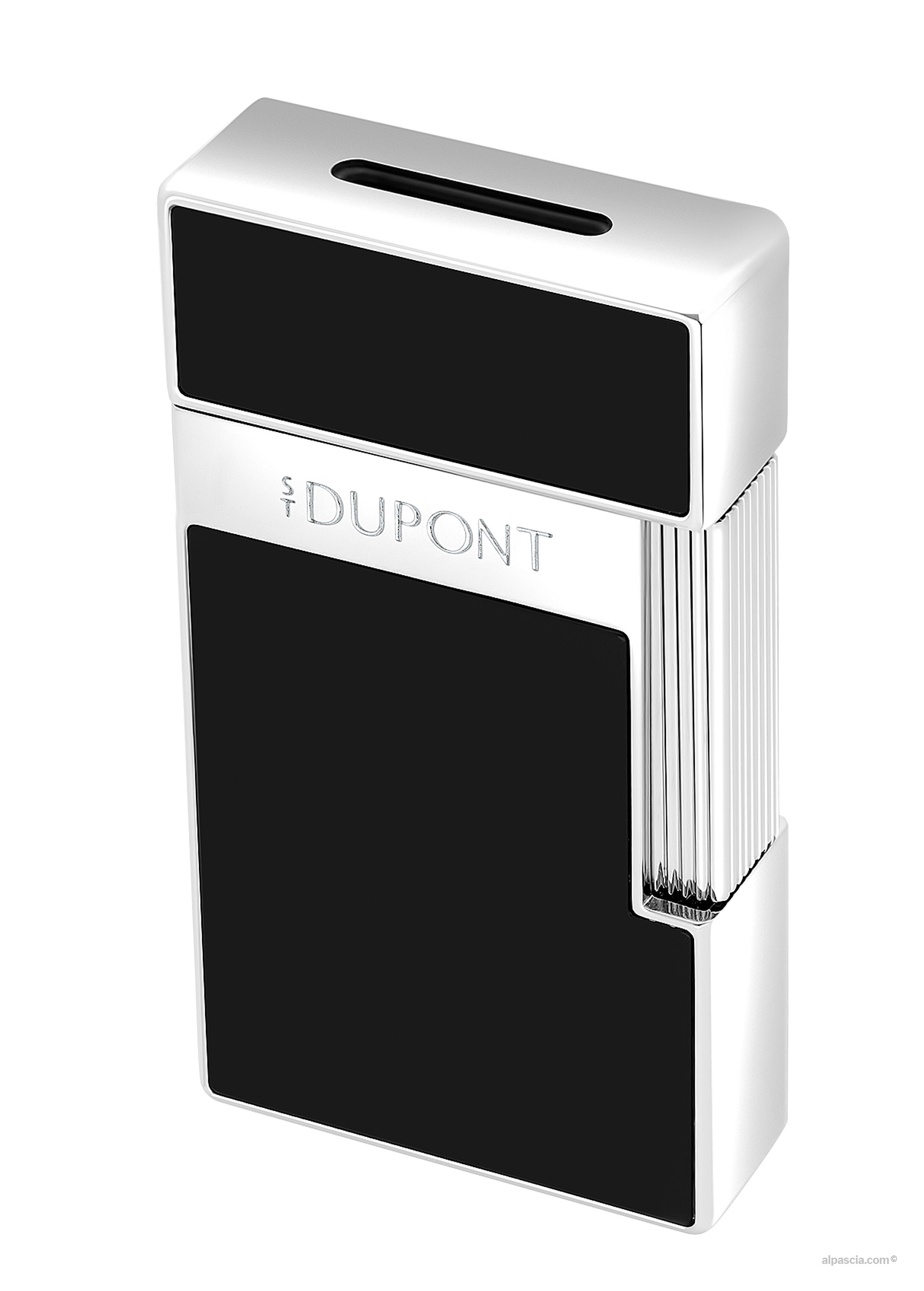 S.T. Dupont Biggy Black Lacquer Chrome Lighter - Side view highlighting the bold proportions and chrome finish