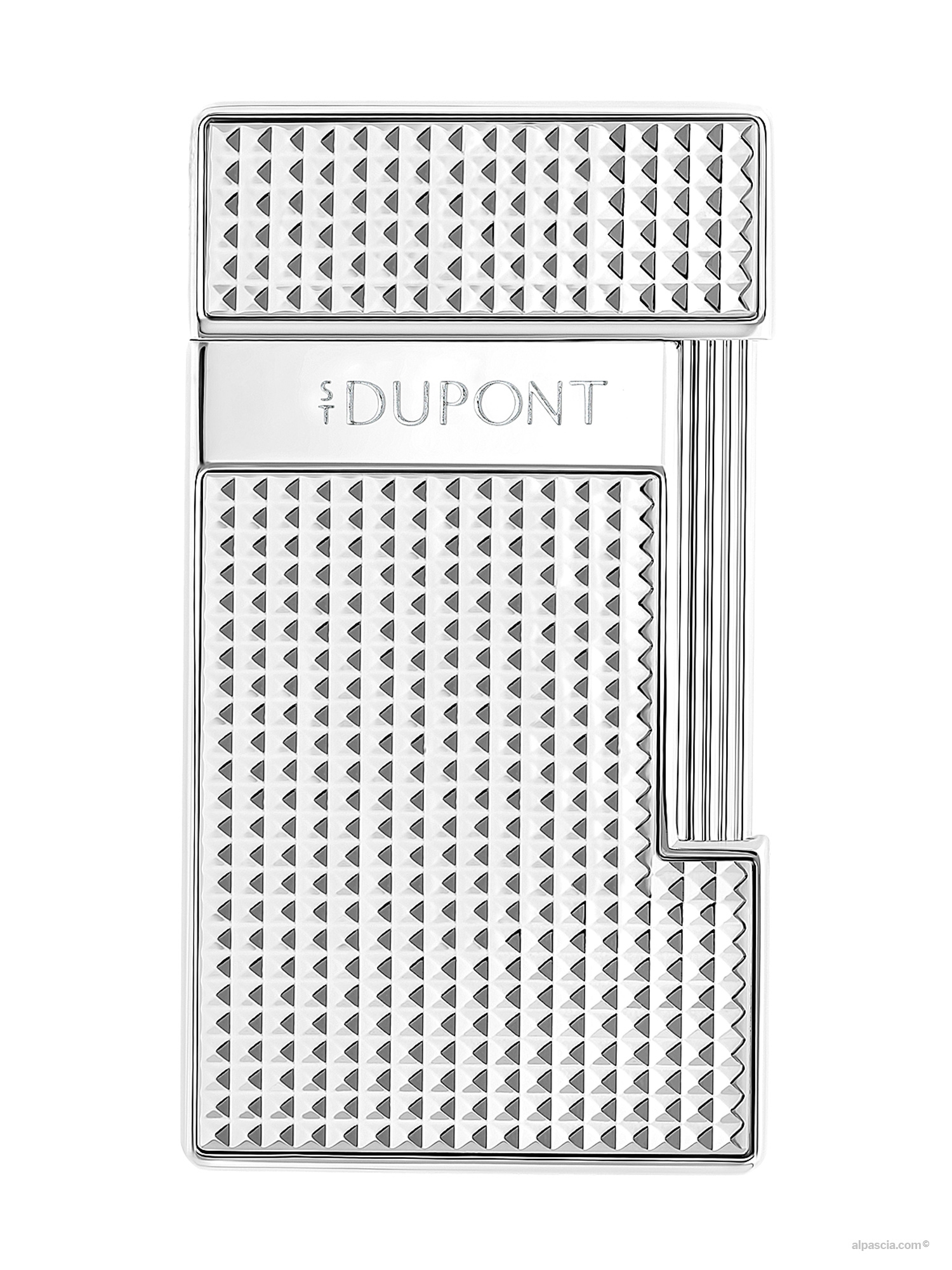 S.T. Dupont Slimmy Diamond Head Chrome Lighter - Front view displaying intricate diamond head guilloché pattern