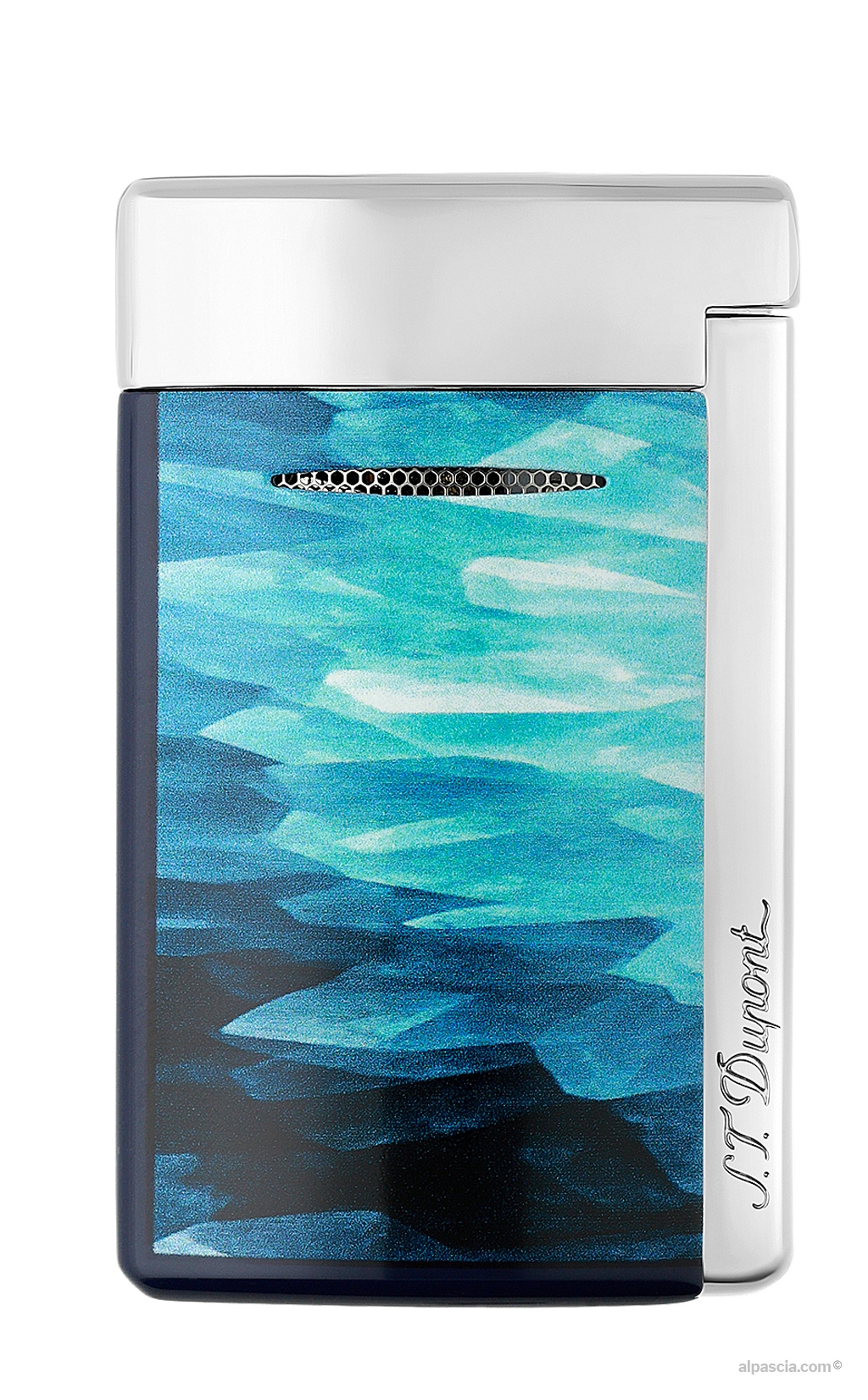 S.T. Dupont Minijet Lighter Blue Géode Lacquer - front view highlighting the glossy blue geode lacquer texture