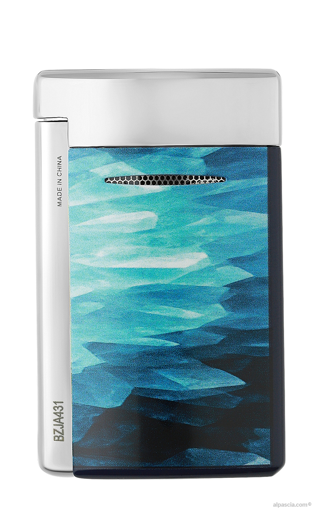 S.T. Dupont Minijet Lighter Blue Géode Lacquer - side view showing the polished ergonomic trigger