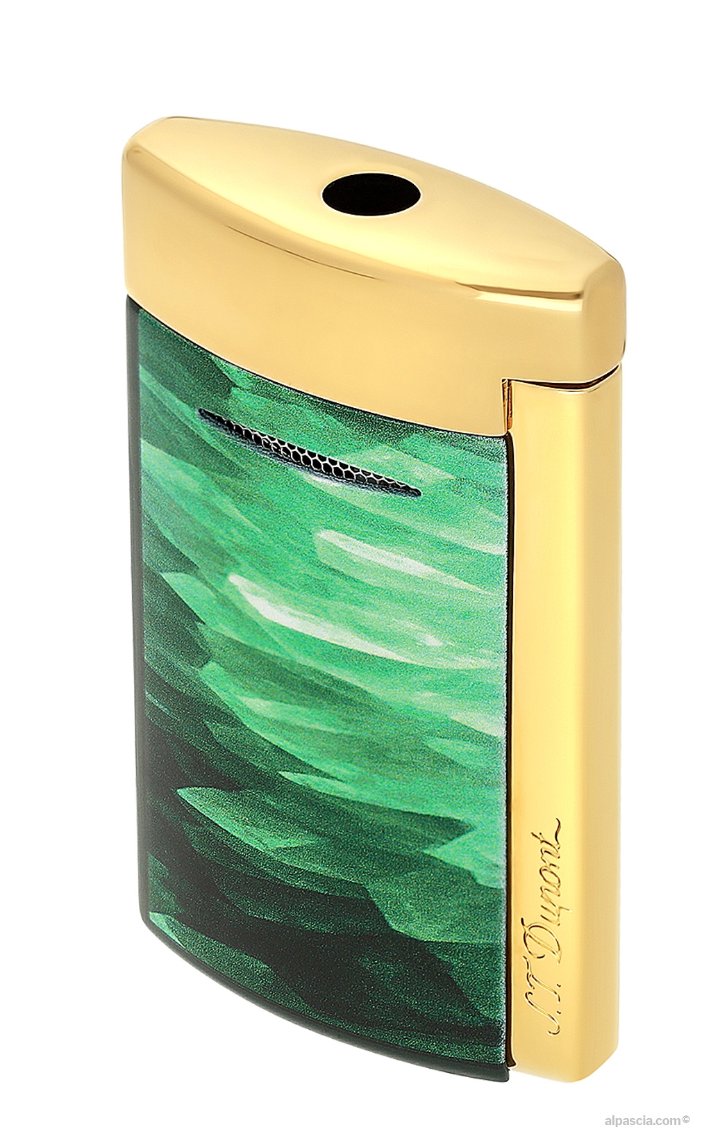 S.T. Dupont Minijet Lighter Green Géode Lacquer 010836 - sleek pocket profile view with crystal-like green patterns