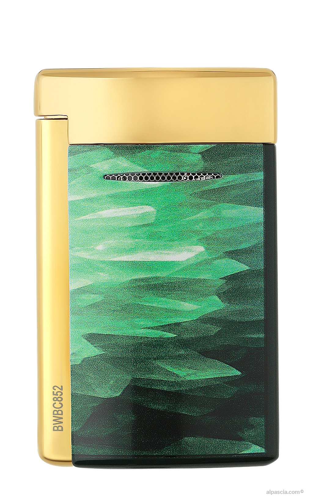 S.T. Dupont Minijet Lighter Green Géode Lacquer 010836 - side view showing the polished ergonomic trigger