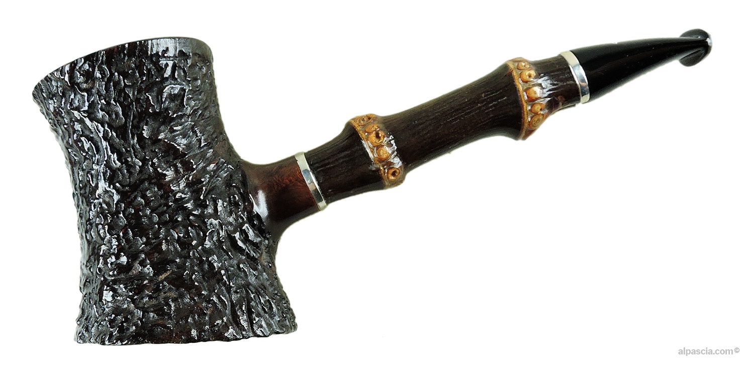 Caminetto Semi-Rusticated Cherrywood Bamboo Pipe - left profile view showcasing the angled sitter shape and flamed bamboo shank