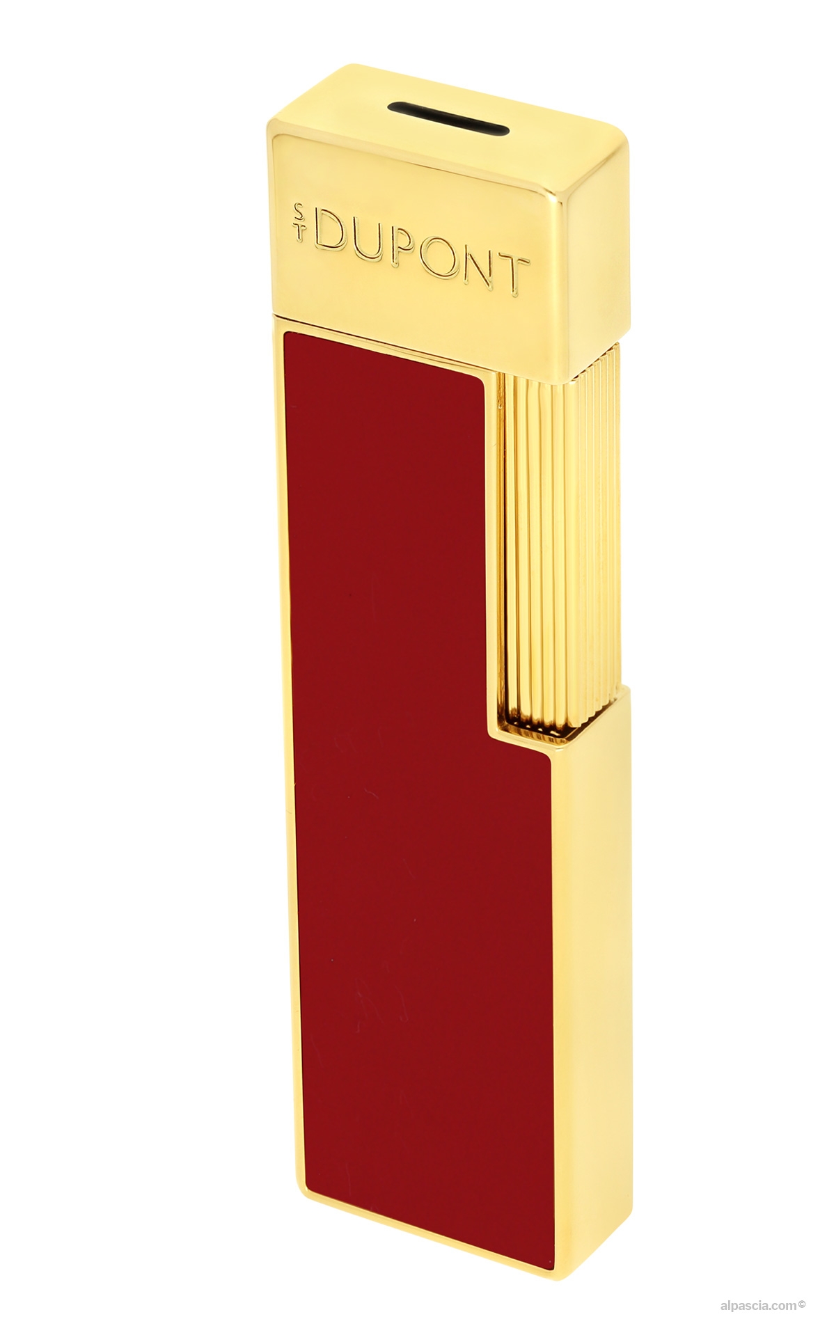 S.T. Dupont Twiggy Burgundy Lacquer Lighter 030030 - left profile view showcasing the ultra-slim, sleek silhouette