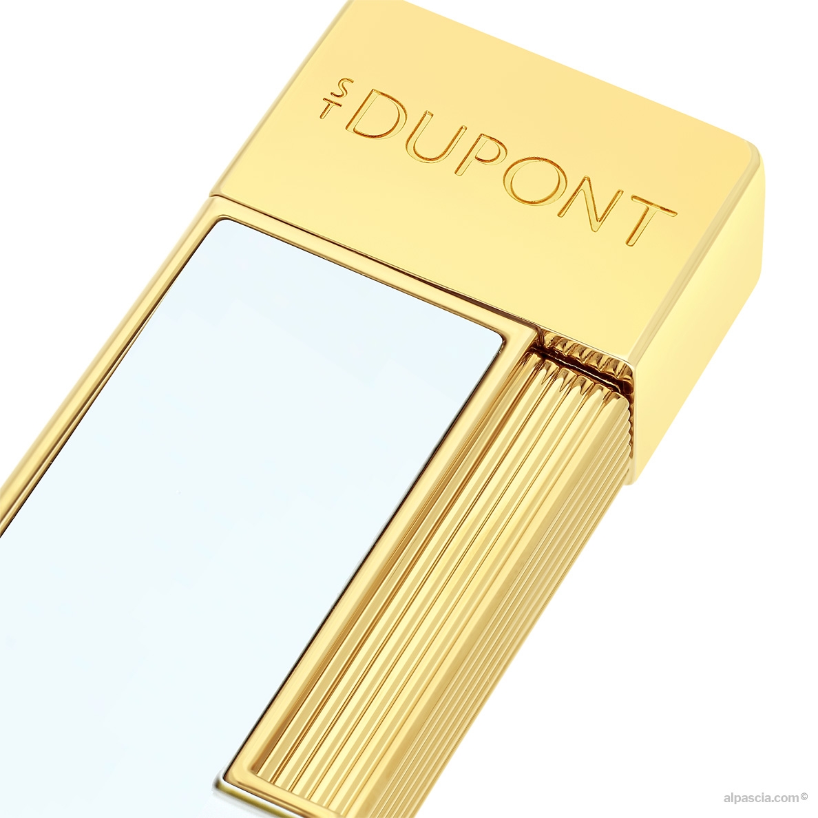 S.T. Dupont Twiggy White Lacquer Lighter 030031 - close-up of the engraved S.T. Dupont signature and ignition trigger