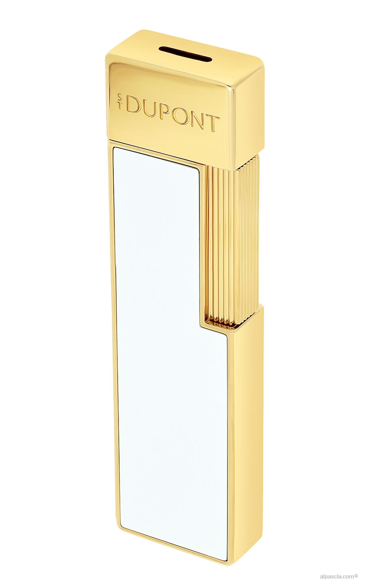 S.T. Dupont Twiggy White Lacquer Lighter 030031 - left profile view showcasing the ultra-slim, sleek silhouette