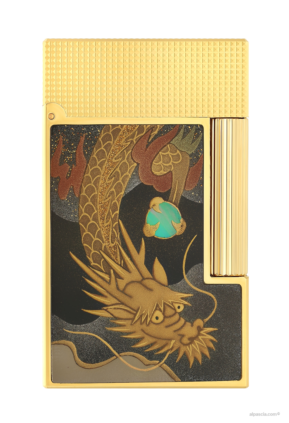 S.T. Dupont Haute Création Line 2 Maki-e Brown Lighter C16150 - front view highlighting the breathtaking gold powder motifs on brown lacquer