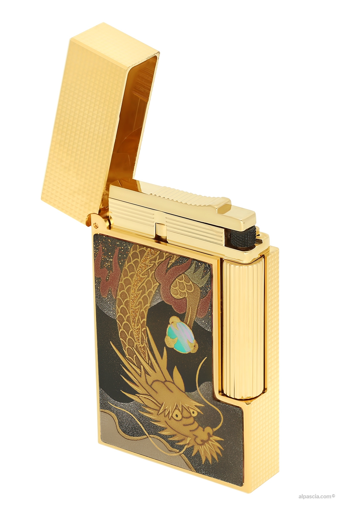 S.T. Dupont Haute Création Line 2 Maki-e Brown Lighter C16150 - top view with open cap showcasing the specialized double flame valve