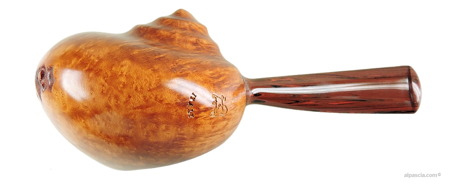 Bisonte Smooth Bent Shell Pipe - bottom view of the flowing curved shank displaying authentic nomenclature stamps