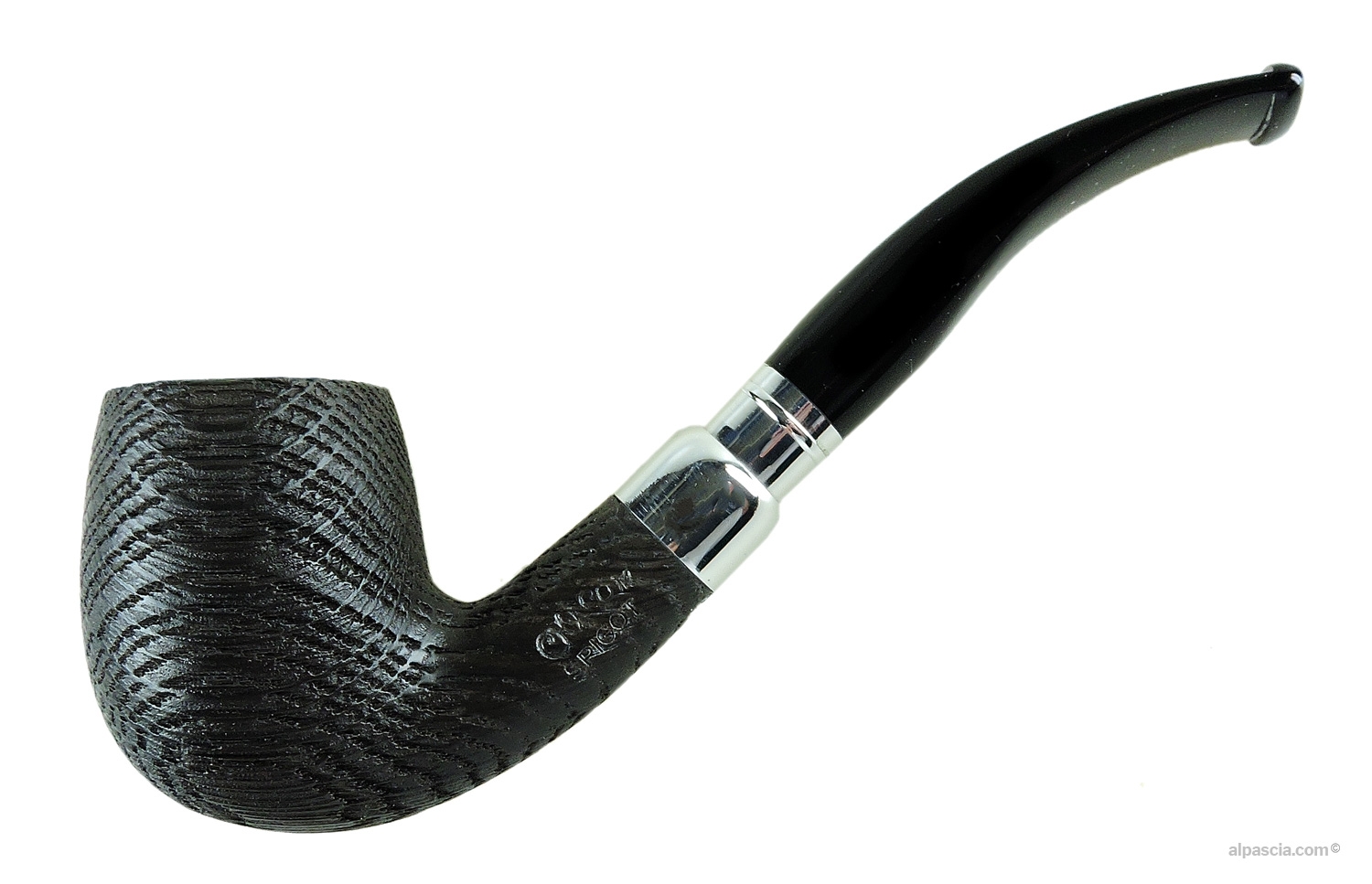 Chacom Morta Spigot 43 Curved Pipe - left profile view showcasing the dark bog oak bent billiard silhouette and bright spigot mount