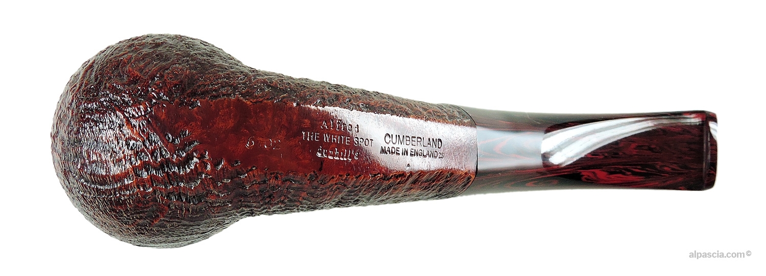 Dunhill Cumberland 6102 Group 6 Pipe - bottom view of the curved shank displaying authentic Dunhill White Spot nomenclature stamps