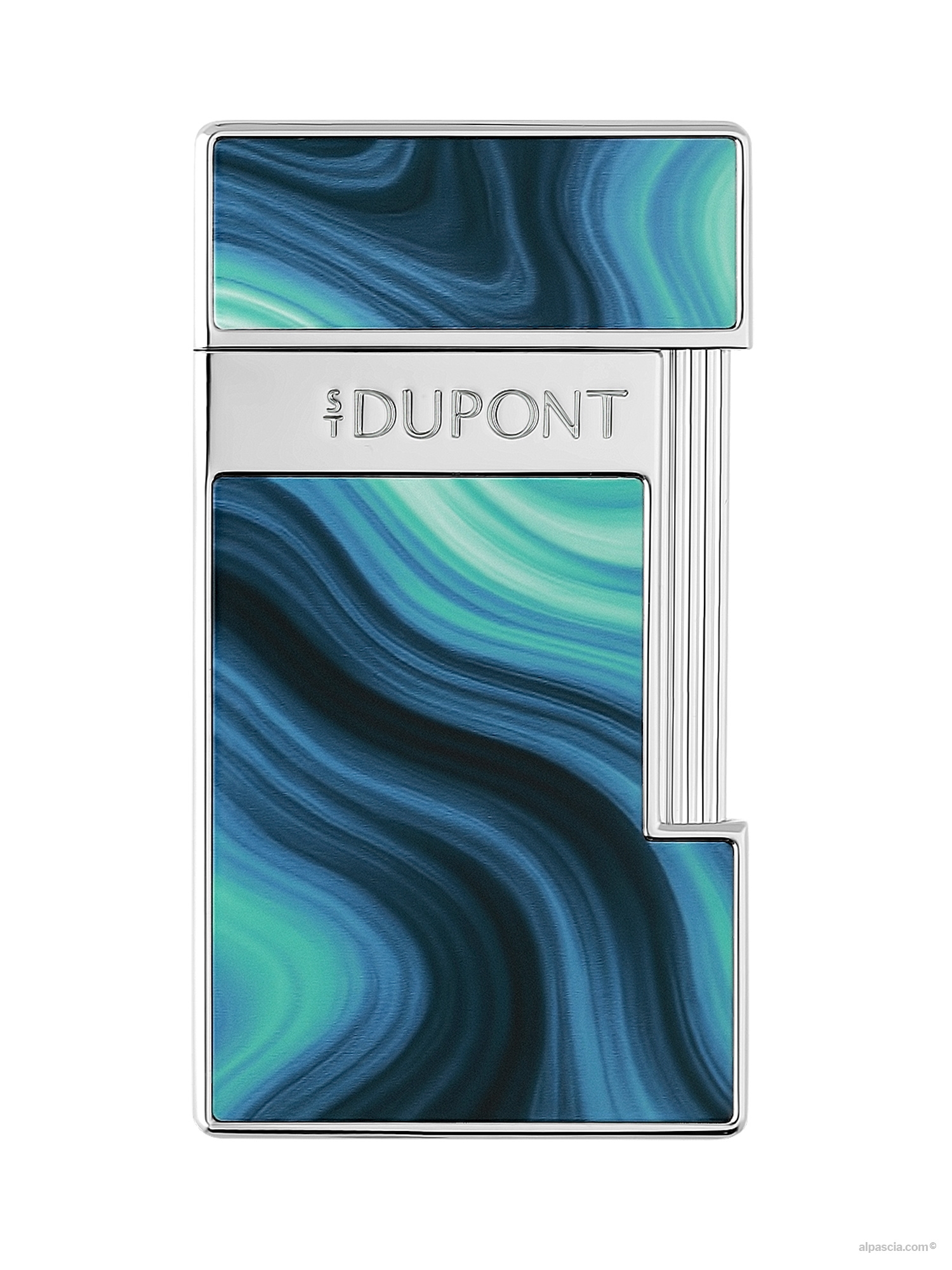 S.T. Dupont Slimmy Lighter Blue Géode 028035 - front view showcasing the ultra-slim silhouette in shaded blue natural lacquer with chrome trim