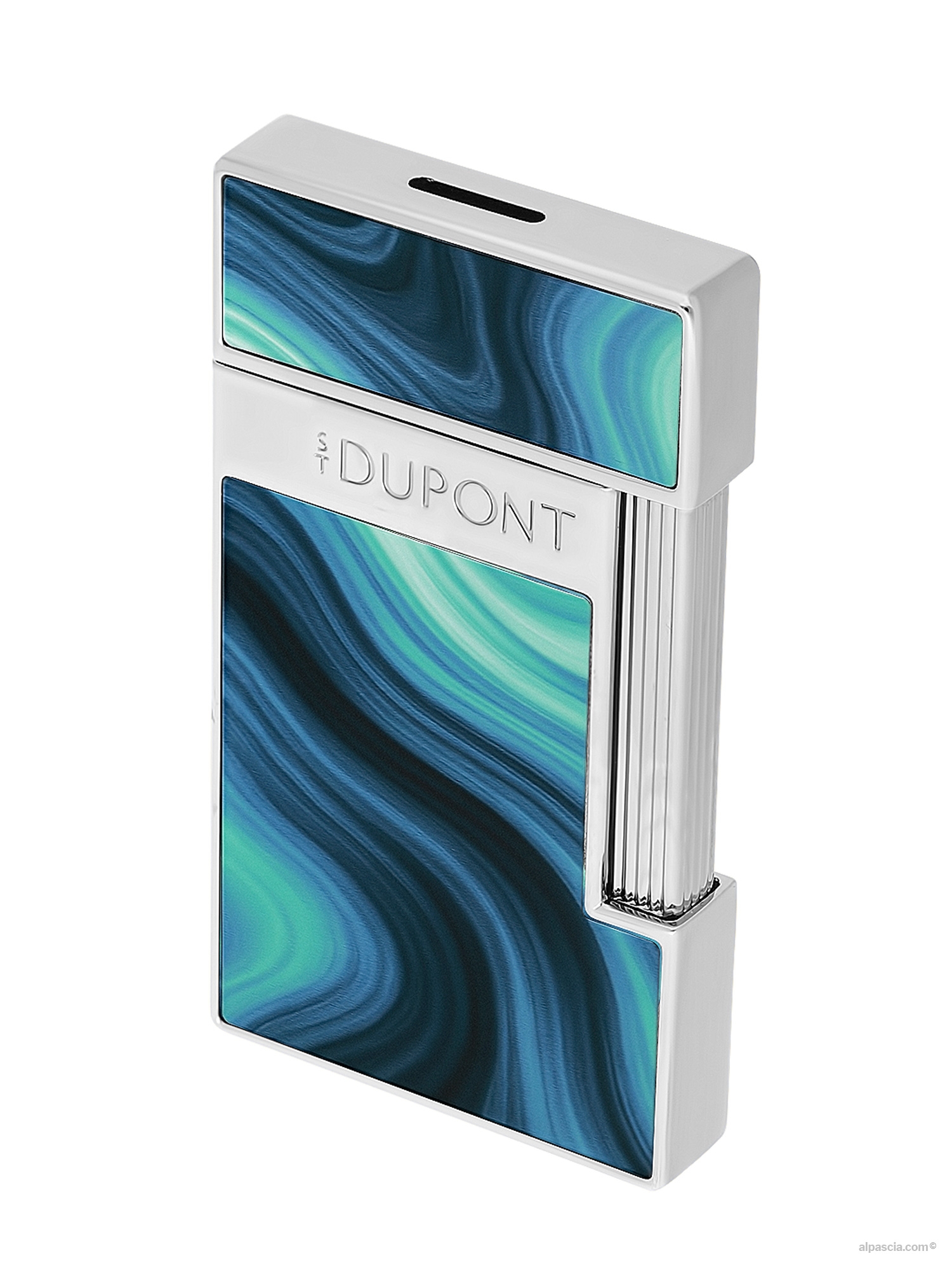 S.T. Dupont Slimmy Lighter Blue Géode 028035 - side profile view highlighting the sleek 9mm thickness and polished chrome edges