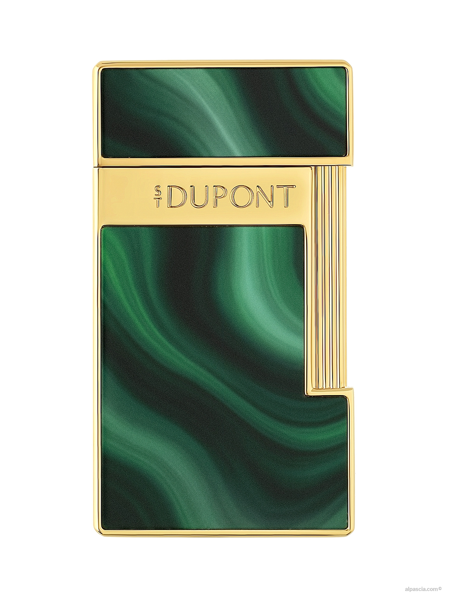 S.T. Dupont Slimmy Lighter Green Géode 028036 - front view showcasing the ultra-slim silhouette in shaded green natural lacquer with gold trim