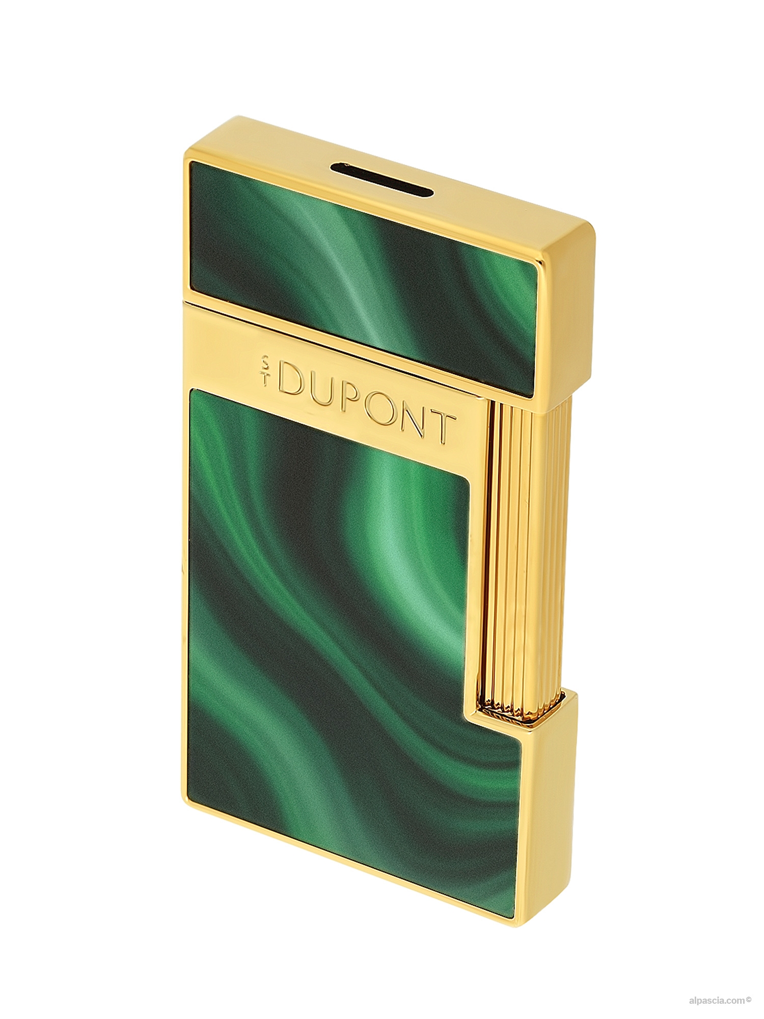 S.T. Dupont Slimmy Lighter Green Géode 028036 - side profile view highlighting the sleek 9mm thickness and polished gold edges