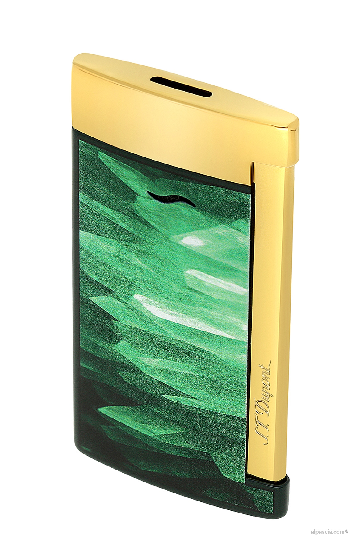 S.T. Dupont Slim 7 Geode 027036 - 7mm ultra-thin profile of the green and gold luxury torch lighter