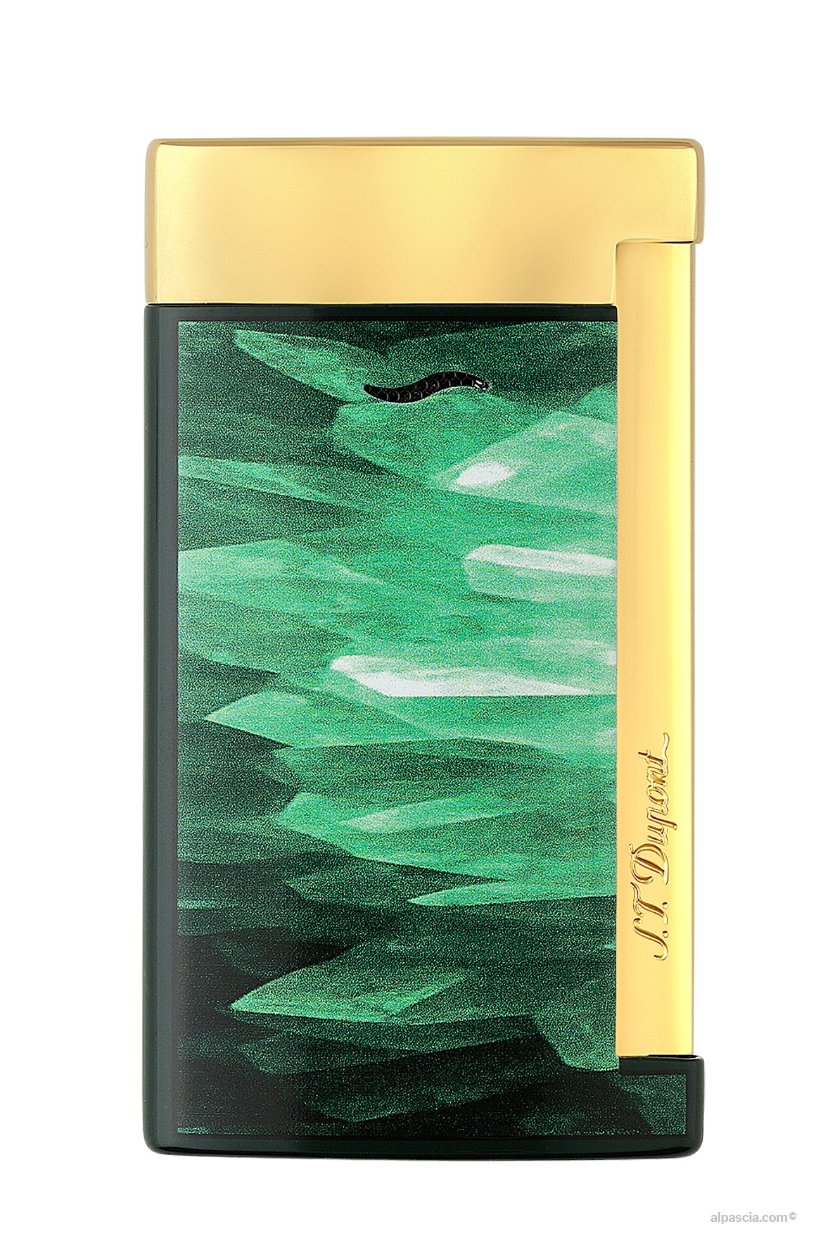 S.T. Dupont Slim 7 Geode 027036 - Front view showcasing the artistic green geode lacquer and gold accents