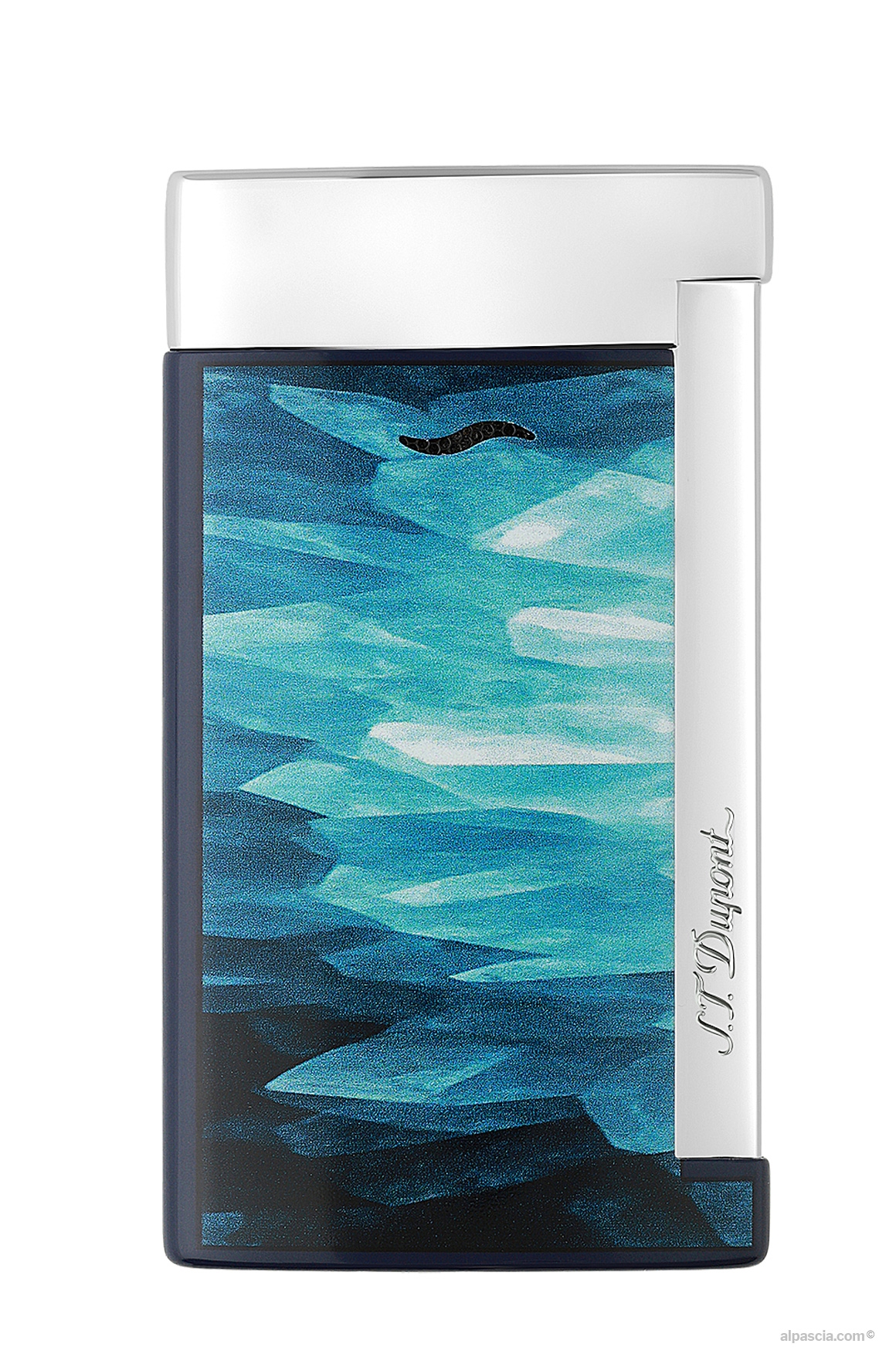 S.T. Dupont Slim 7 Geode 027035 - Front view showcasing the artistic blue geode lacquer and chrome accents