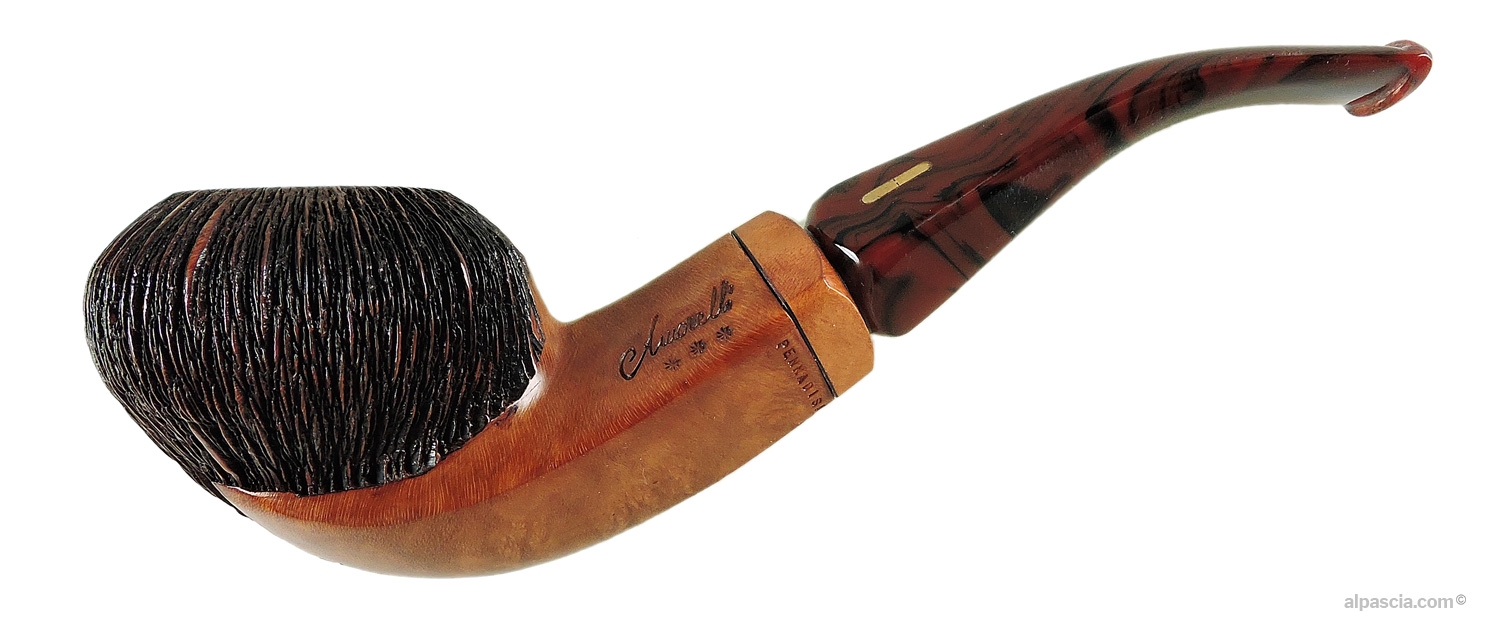 Amorelli Penna di San Michele Pipe - Semi-rusticated bent profile showing the artisan signature feather-like carving