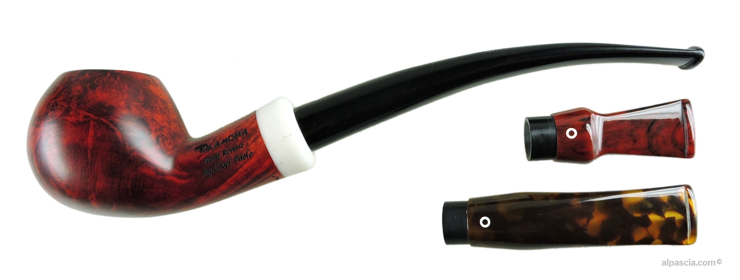Pipa Talamona Mini Reverse - Profilo corto liscia in radica con uno dei bocchini montati