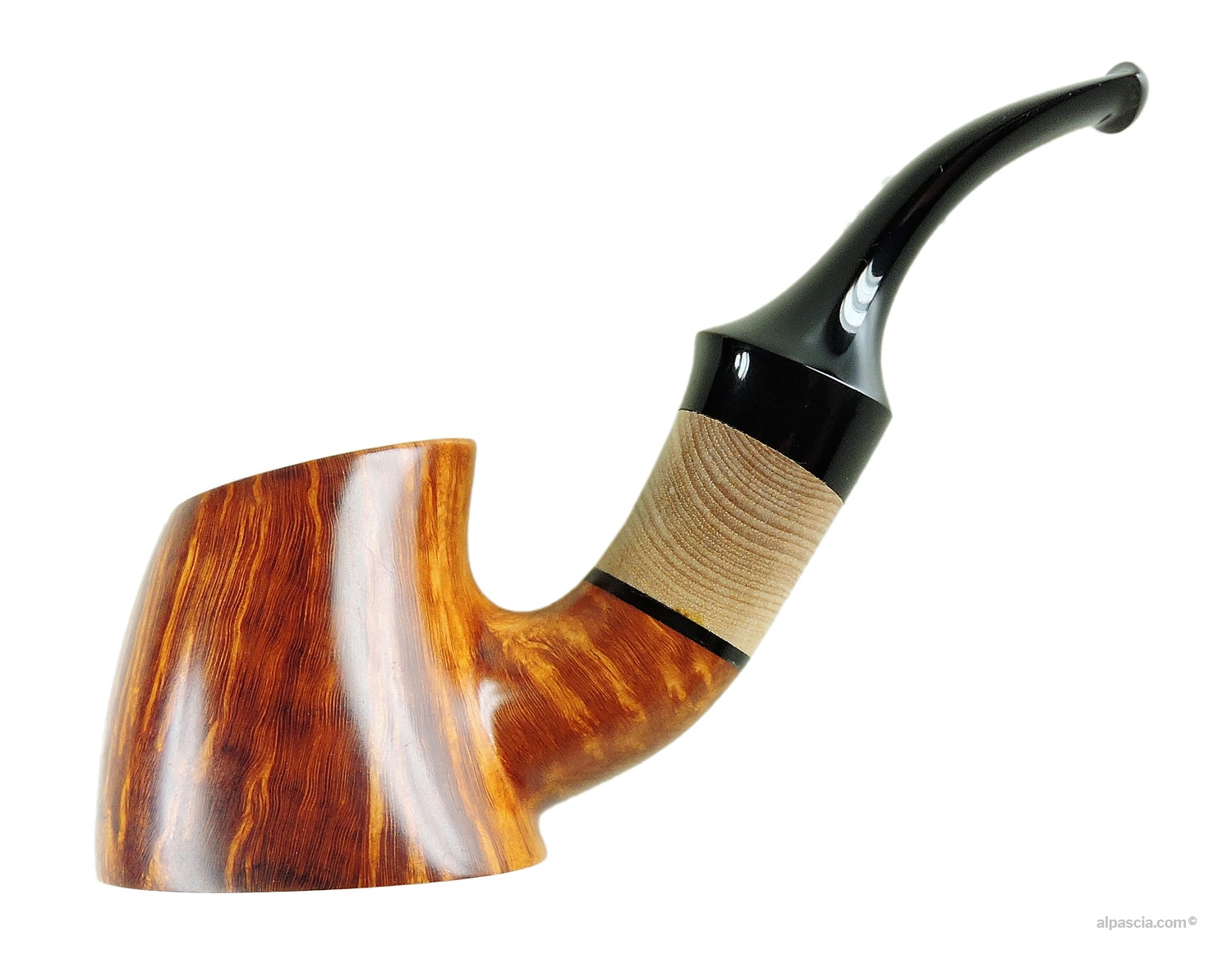 Alinetu Pipe - Smooth bent freehand profile in natural finish with a light ash wood band and black ebonite stem