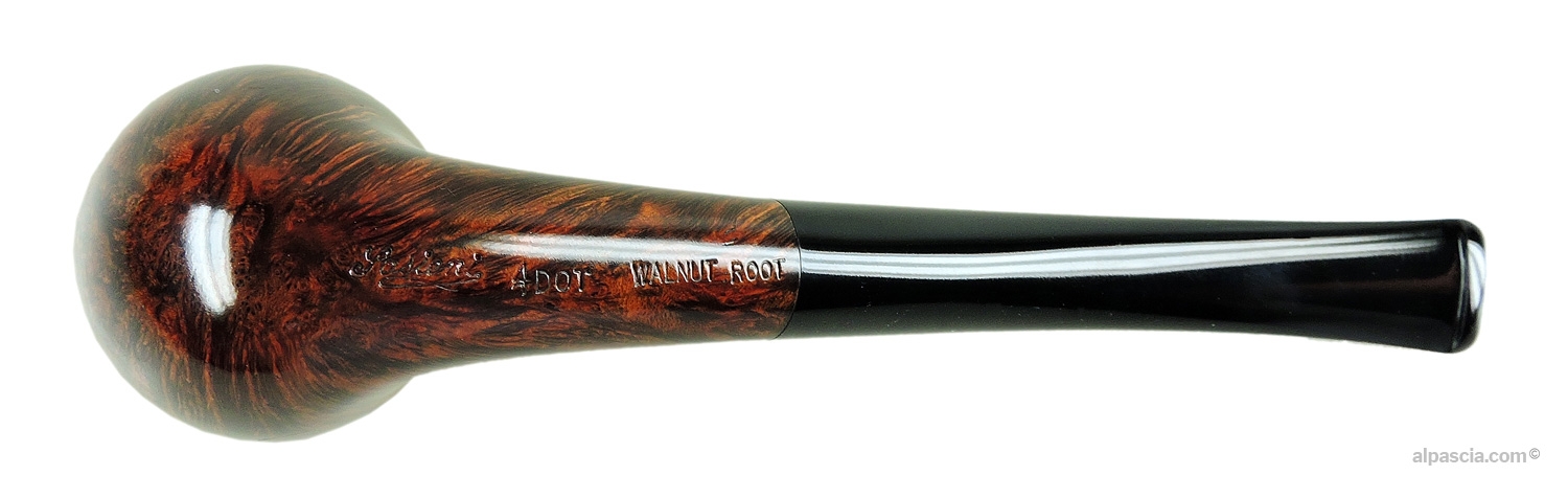 Pipa Sasieni 4 Dot Walnut Root - Vista inferiore del cannello tondo con i punzoni ufficiali Sasieni 4 Dot