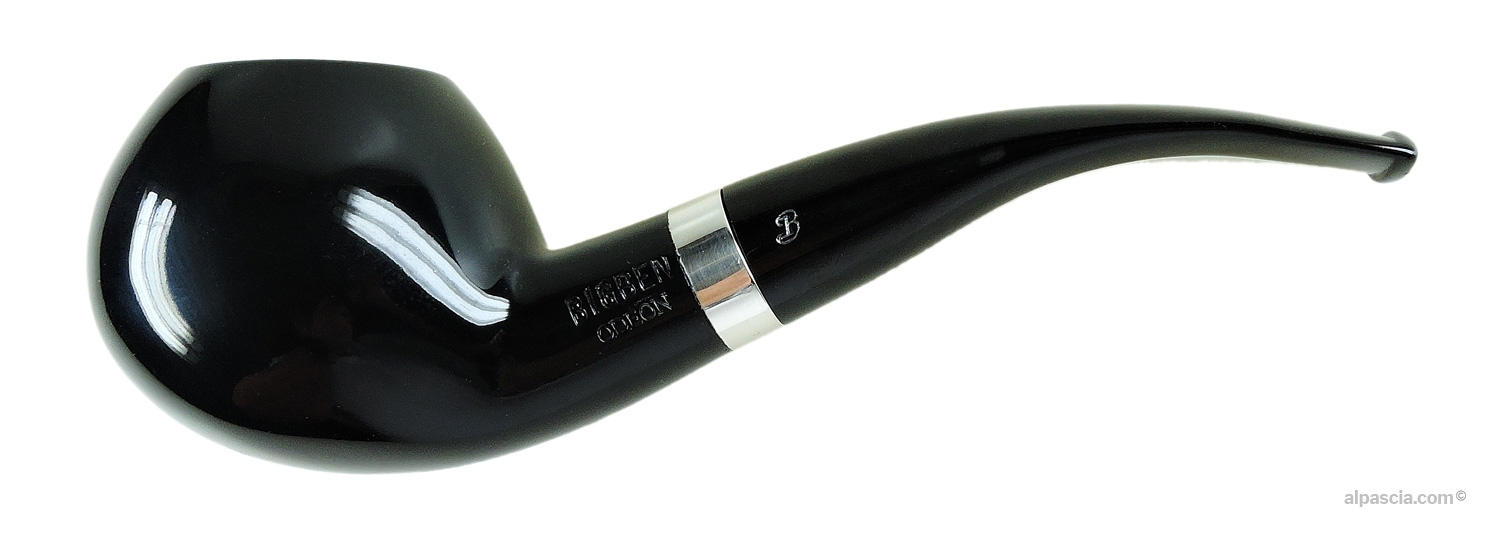 Big Ben Odeon Black Polish 502 Pipe - Bent Apple profile in high-gloss black with silver band and acrylic stem