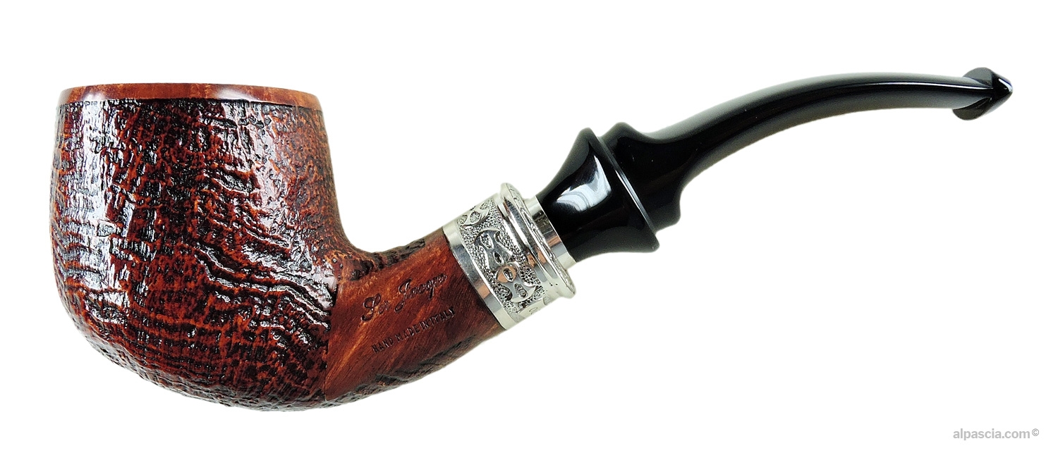 Ser Jacopo Delecta S2 Leonardo E Pipe - Bent profile in sandblasted briar with silver ring and black acrylic stem