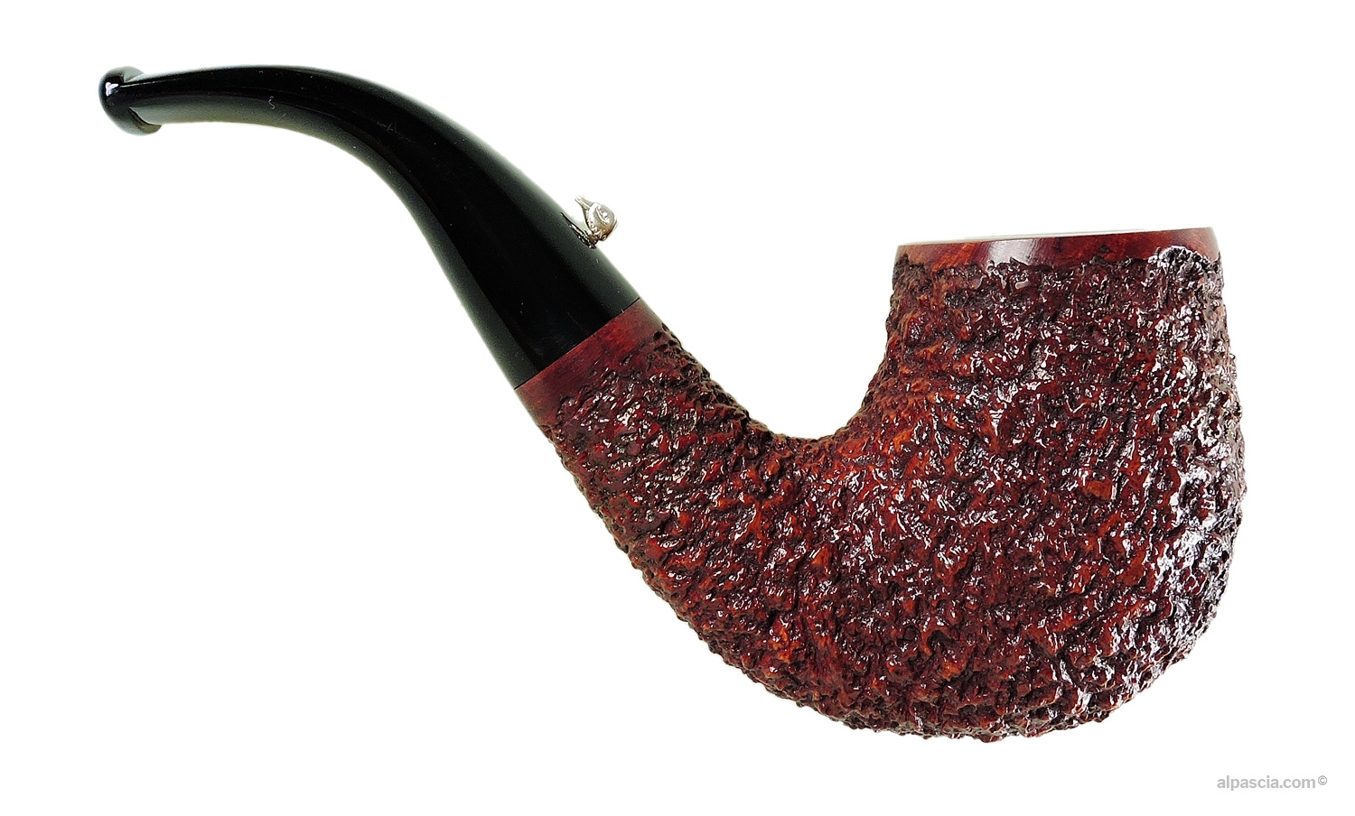 Pipa L'Anatra Rusticata Curva - Vista destra che risalta la ricca lavorazione della radica e la curvatura del cannello