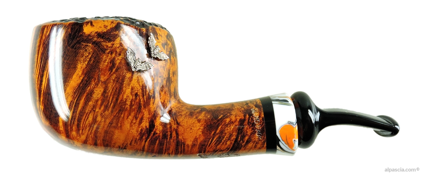 Peder Jeppesen Ida 4 Pot Pipe - Semi-bent semi-rusticated profile with colorful ring and black acrylic stem