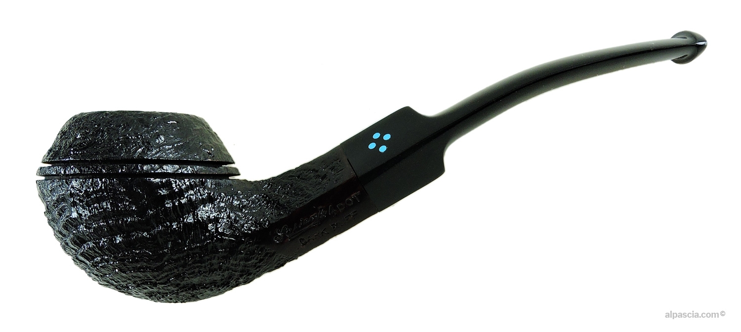 Sasieni 4 Dot Dark Ruff Rhodesian Pipe - Bent dark sandblasted profile with round shank and black stem