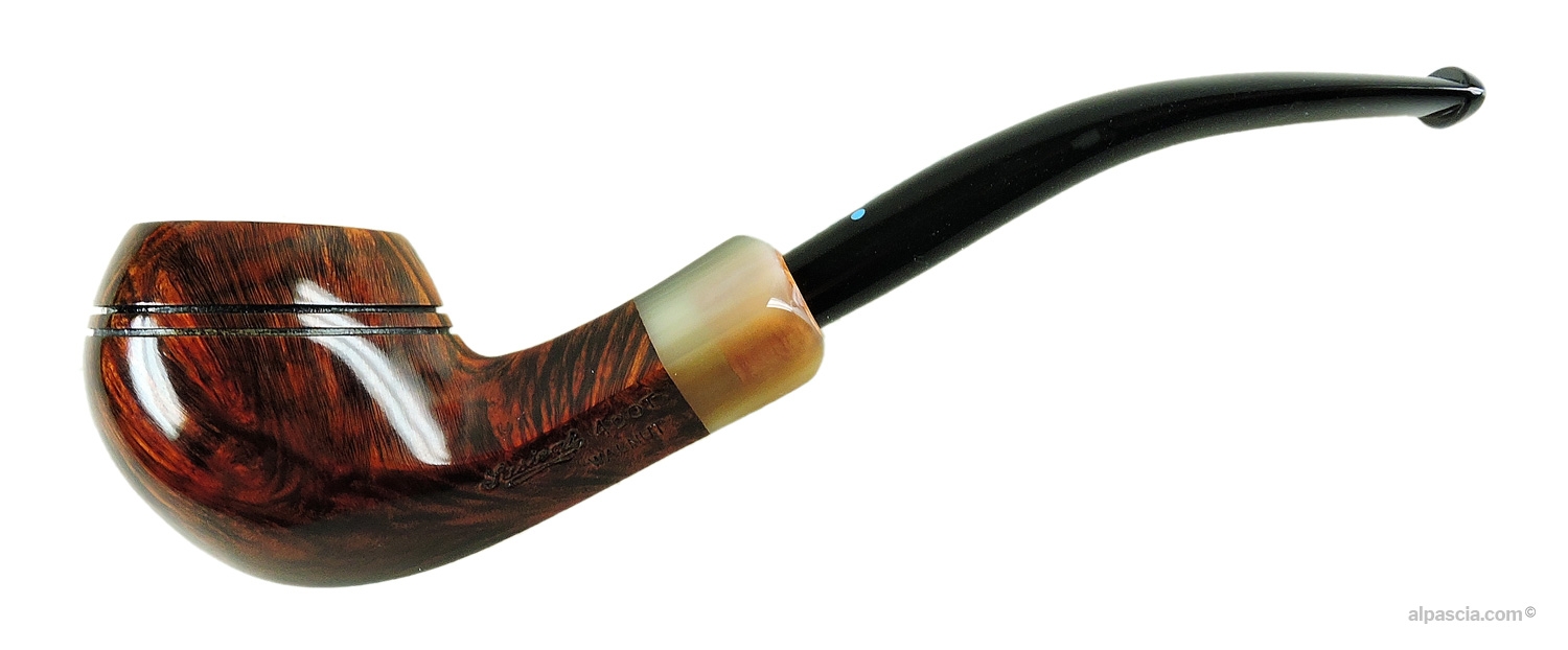 Sasieni 4 Dot Walnut Rhodesian Pipe - Bent smooth profile with horn ring extension and black acrylic stem