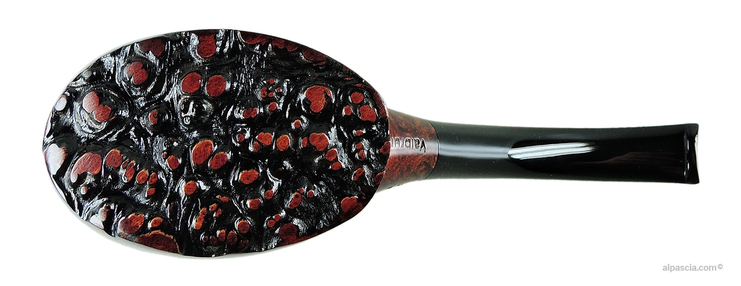 Valbruna Smooth Brown 2 Jellyfish Pipe - Bottom view displaying natural bark top flat base and maker's stampings