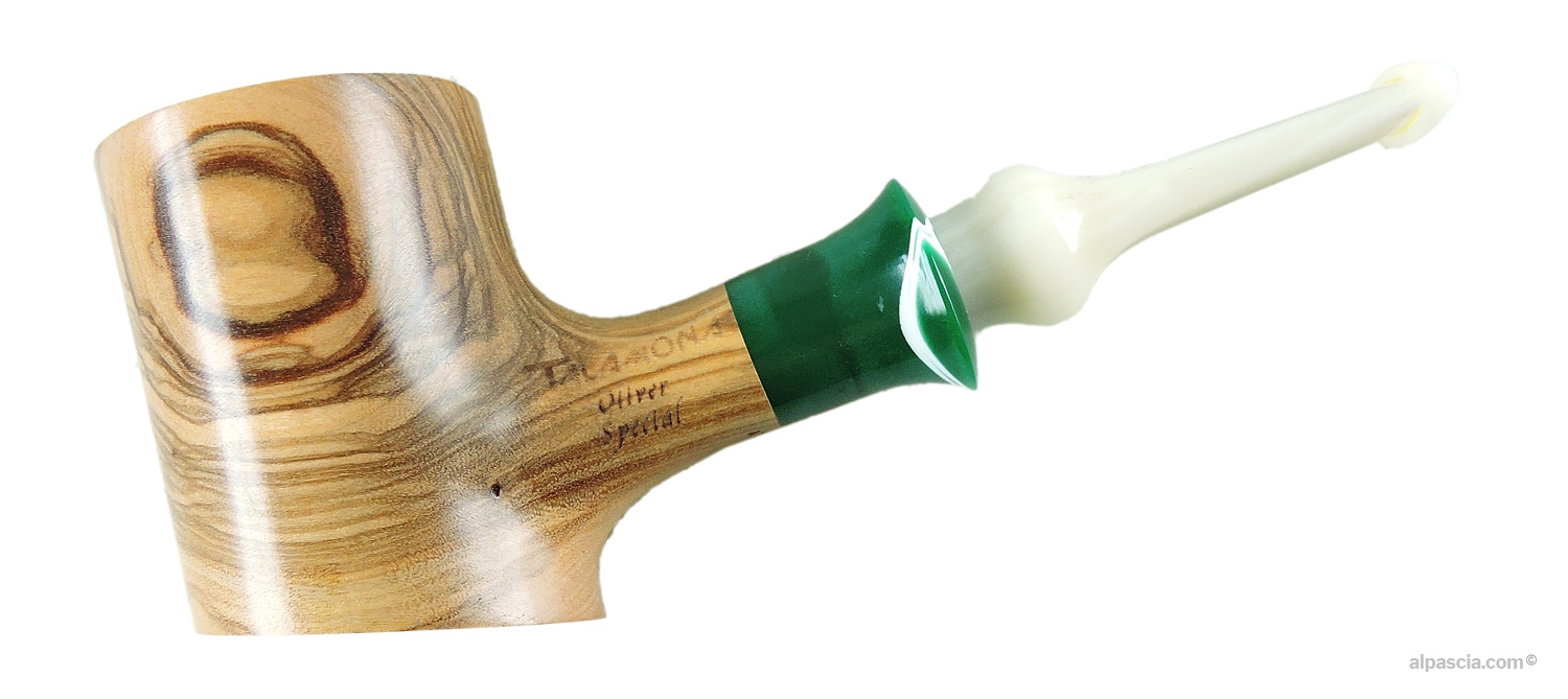 Talamona Oliver Special Pipe - Bent Cherrywood profile in olive wood with marbled white acrylic stem