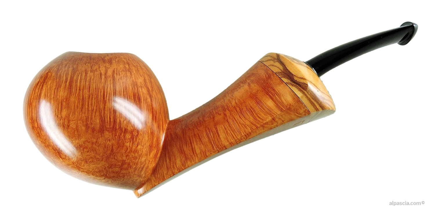 Ganci 3F Freehand Pipe - Smooth bent profile with olive wood accent ring and black ebonite stem