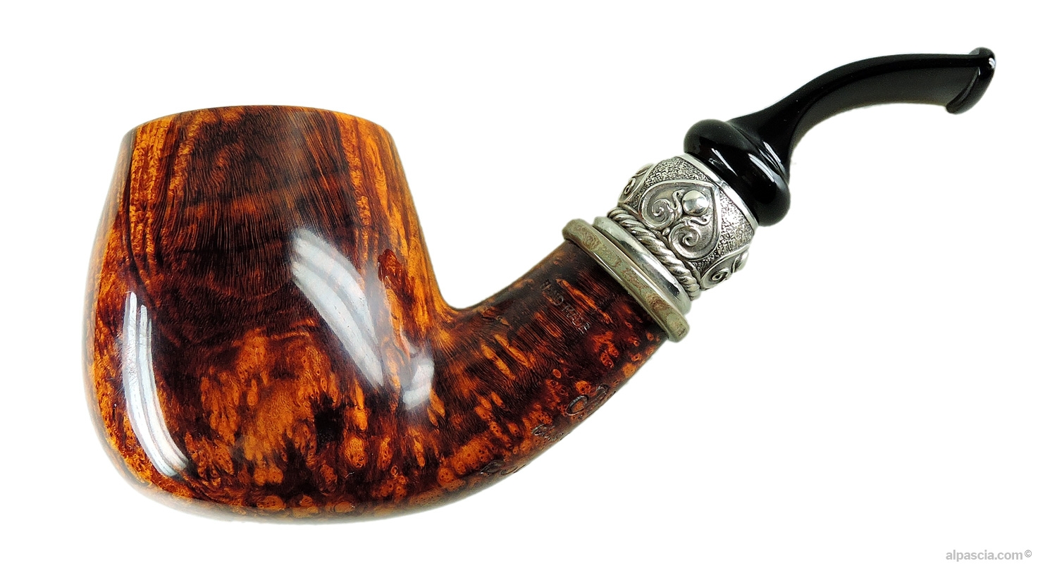Peder Jeppesen Ida Boutique Gr 3 Pipe - Smooth bent free form profile with engraved silver band and black acrylic stem