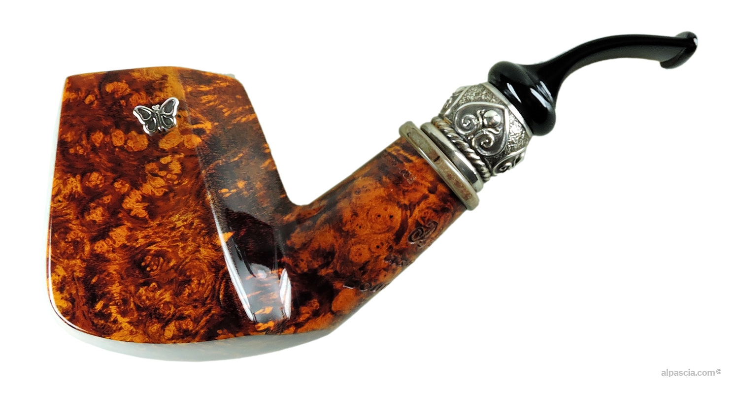 Pipa Peder Jeppesen Ida Boutique Gr 6 - Profilo curvo liscio Panel con ghiera in argento lavorata e bocchino nero